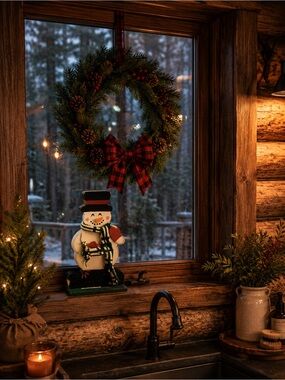 Handcrafted Snowman Tabletop Decor with Green Knit Scarf and Red Mittens